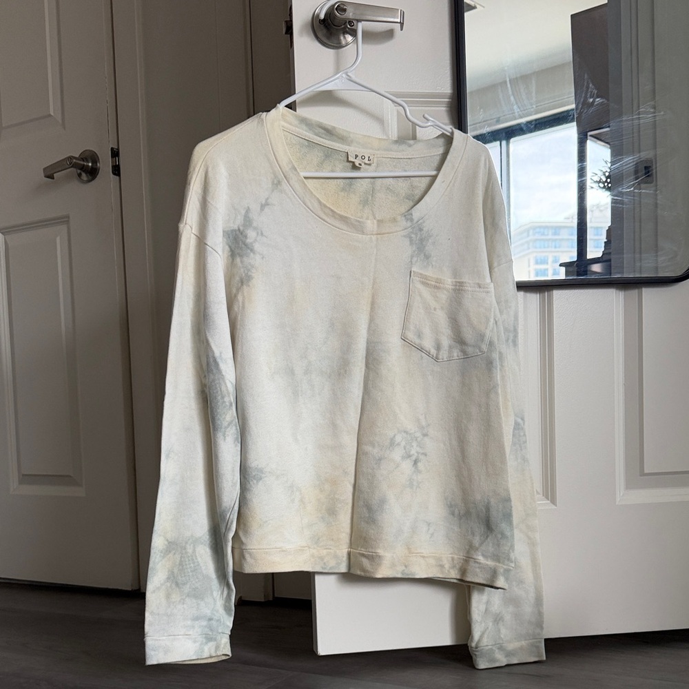 POL Tie-Dye Long Sleeve Sweatshirt in Cream and Pale Blue